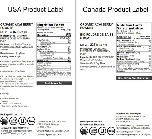 8 Food to Live Organic Freeze-Dried Acai Berry Powder, Ounces - Non-GMO, Kosher, Raw, Vegan, Unsweetened, Unsulfured