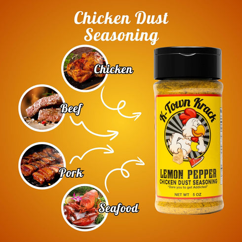 K-Town Krack Lemon Pepper Chicken Dust Seasoning, 5 oz - All-Purpose BBQ Rub for Chicken, Beef, Pork