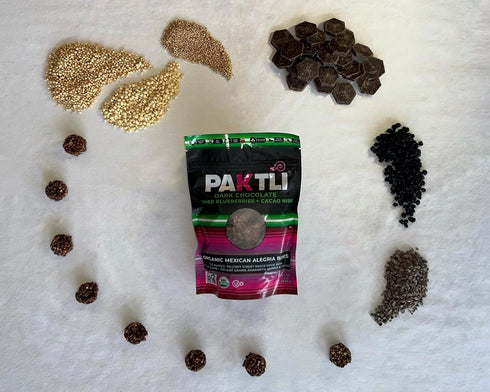 2oz Paktli Organic Alegra Bites Dark Chocolate with Blueberry & Cacao Nibs, Bag, Organic Ancient Grain Snack