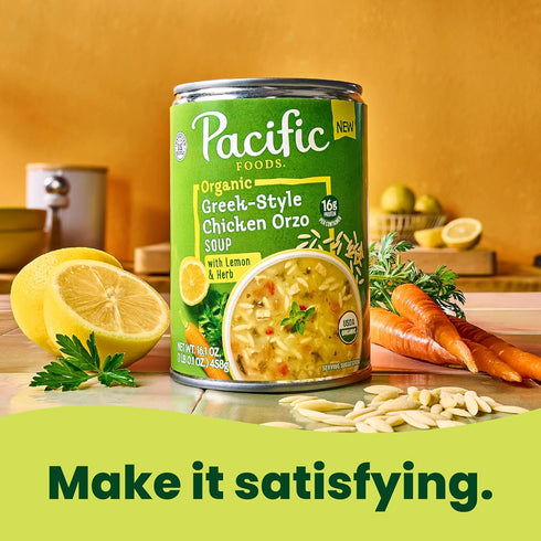 16.1 oz (12 Pack) Pacific Foods Organic Greek-Style Chicken Orzo Soup With Lemon and Herb, Can