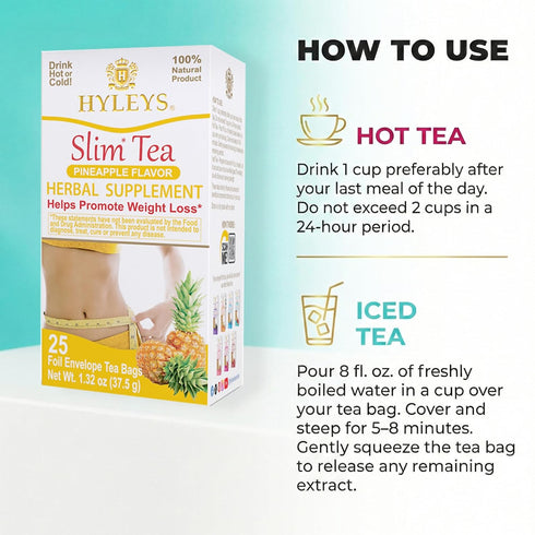 25 (6 Pack) Hyleys Slim Tea Pineapple Flavor - Weight Loss Herbal Supplement Cleanse and Detox - Tea Bags