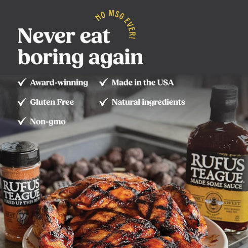 4-Piece Set Rufus Teague BBQ Sauce and Rub Cooking Gift, Saucin' & Rubbin' Kit, Honey Sweet, Touch O' Heat, Spicy