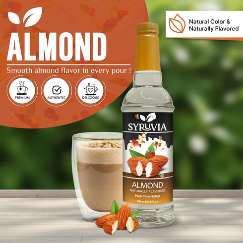 25.4 oz, Syruvia Almond Syrup, Natural Flavors, Syrup for Drinks, Lattes, and Desserts fl With Pump
