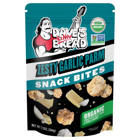 7.2 OZ (Pack 3) Dave's Killer Bread ZESTY GARLIC PARM SNACK BITES, with Branded Sticker