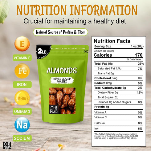 2 lb Packed Oh! Nuts Honey Glazed Roasted Almonds - - High-Protein Whole Almonds - in New York Zip-Seal Bag