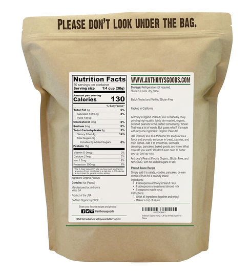 2 lb, 12% Anthony's Organic Peanut Flour, Defatted, Light Roast Fat, Verified Gluten Free