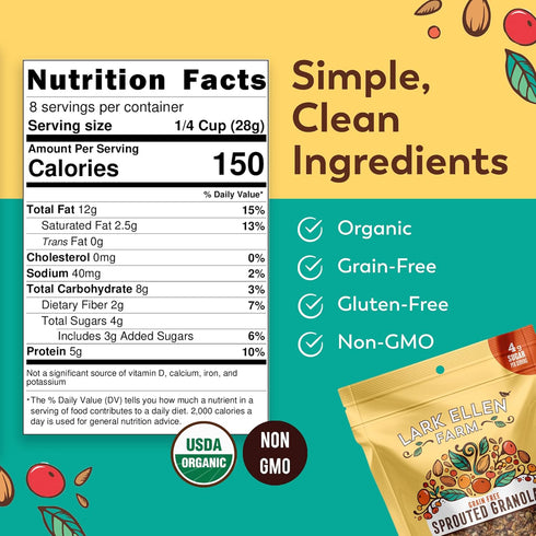 8 oz 3 Pack Lark Ellen Farm Vanilla Cinnamon Granola Clusters, Gluten Free, Vegan, Certified Organic, Low Sugar Healthy