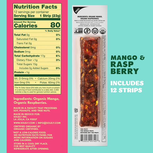 12 0.8oz (23g) SOLELY - Organic Mango Raspberry Fruit Jerky - Individually Wrapped Fruit Strips - Fruit Leather