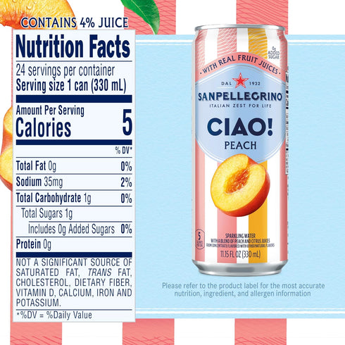 0g 24-Pack Sanpellegrino CIAO! Peach Sparkling Water, Low-Cal, Added Sugar