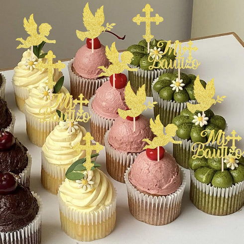 24 Pack Spanish Mi Bautizo Cupcake Toppers, Glitter Cross Angel Dove Picks for Religious Baby Shower Birthday Party