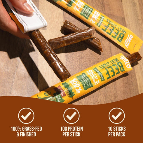 10g (1 oz, 10 Pack) Grazly Grass-Fed Beef Sticks Made with Only Beef, Spring Salt & Collagen Casing Clean, High-Protein