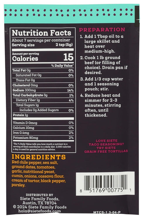 30 (1 Packet) Siete Mild Taco Seasoning Mix | Gluten Free | Vegan | Paleo | Preservative Free | Whole Approved
