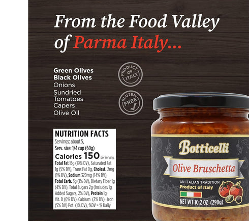 10.2oz (Pack 2) Olive Bruschetta by Botticelli, Jars of - Premium Italian Appetizer - Gluten-Free - Green & Black