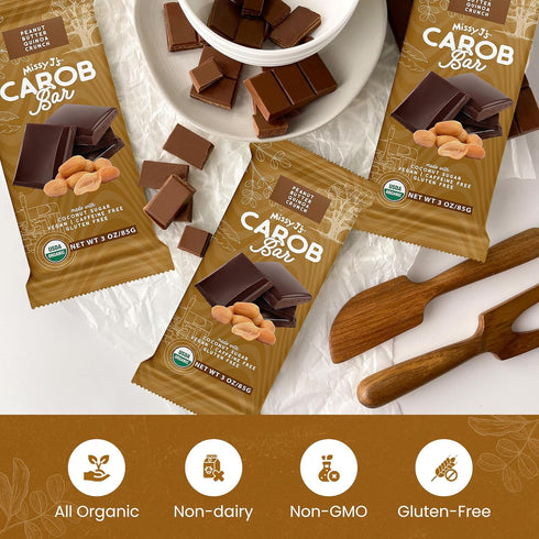 3 6 Pack Missy J's Organic Peanut Butter Carob Bar Ounce Made with Coconut Sugar, Vegan, Gluten and Caffeine Free