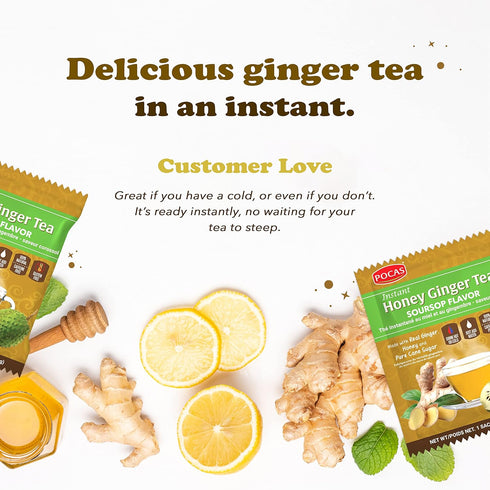 Pocas 2-Pack, 20 Packets Honey Ginger Instant Tea Powder, Soursop Flavor Ginger Extract & Real Sweetener, Caffeine-Free
