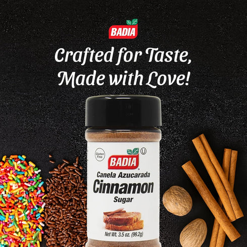 3.5 oz Badia Cinnamon Sugar, Sweet Blend of Cane Sugar and Ground Cinnamon, All Purpose Topping for Baking, Coffee