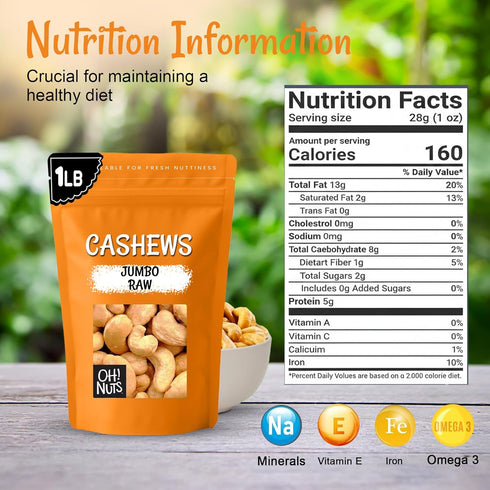 1 lb 100% Oh! Nuts Jumbo Raw Cashew - Whole Unsalted Cashews - Bulk Bag - Natural - Raw Cashews for Snacking & Baking