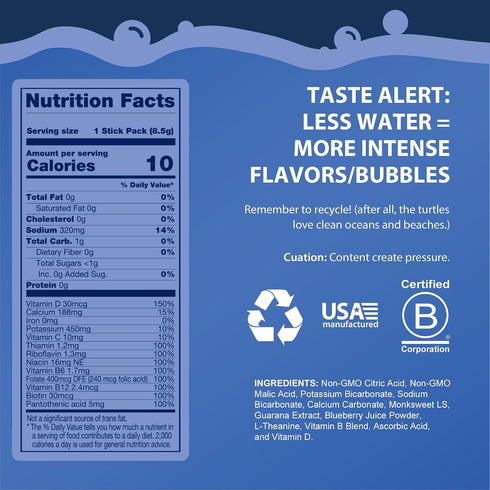 100mg 15 Pack Bobelo Self Carbonating, Clean Energy + Hydration Electrolytes Powder Drink Mix, Coconut Berry Blitz