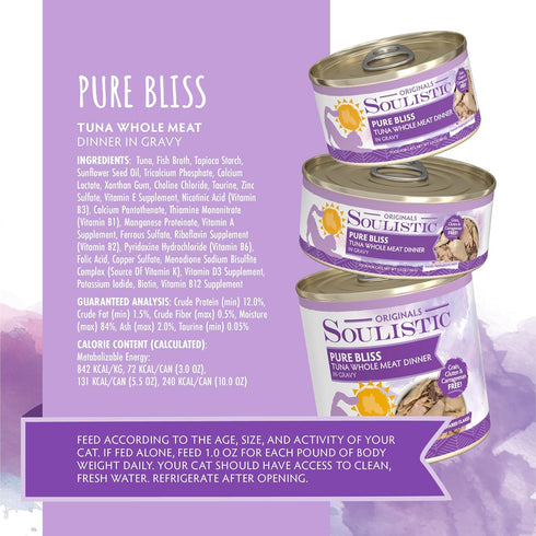10oz Pack 8 Soulistic Originals, Pure Bliss Tuna Whole Meat Dinner in Gravy, Can