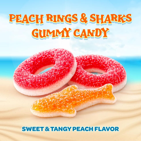 Gummy 2-Pound Gummy Peach Rings, Sharks | Bag | Candy Mix | Sweet & Sour Peach Candy for Goodie Bags & Themed Party