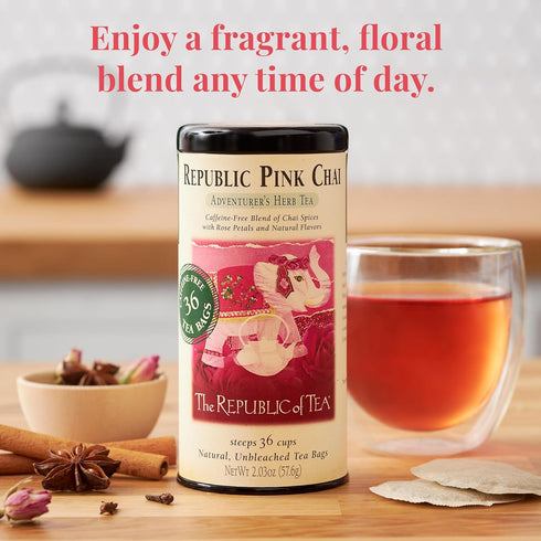 36 The Republic of Tea Republic Pink Chai Herbal Tea Tin, Tea Bags, Naturally Caffeine Free