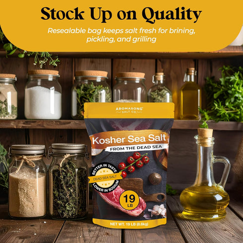 100% 19 Lb, Aromasong Natural Sea Salt from the Dead Sea Food Grade Kosher Salt Grain, Gluten Free Unrefined, Grinder