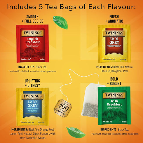 Pack 20 Count (Pack 6), 120 Twinings Variety Black Tea Bags, of Includes English Breakfast, Early Grey, Irish