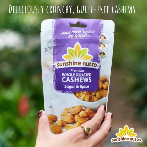 2 Pack, 7 oz. Packs Sunshine Nut Company Whole Roasted Lightly Salted Cashews, Sugar and Spice Flavor, Each, Gluten