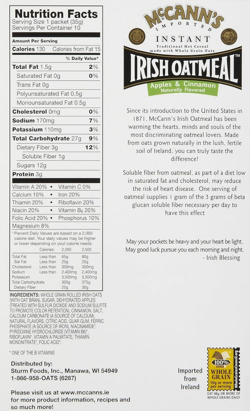 12.3 oz 10 McCann's Instant Irish Oatmeal - Apple Cinnamon - - ct
