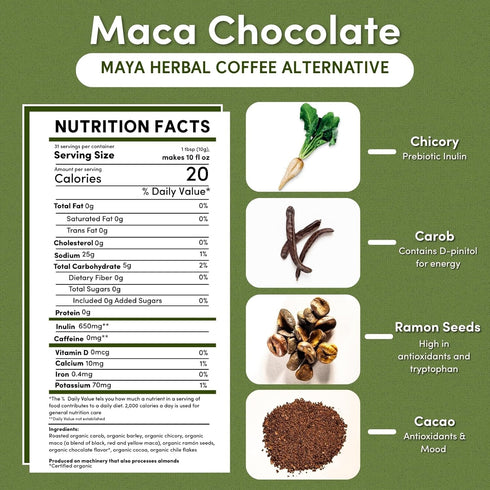 11 (Pack 3) Teeccino Maca Chocolat Chicory Coffee Alternative - Ground Herbal Coffee Thats Prebiotic, Caffeine Free