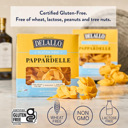 8.8 oz (4 Pack) DeLallo Gluten-Free Pappardelle Pasta Nests, Made with Corn and Rice Flour and Farm Fresh Eggs, Made