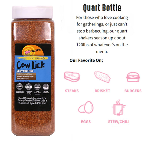 120lbs Dizzy Pig Cow Lick Texas-Style Spicy Beef Seasoning Rub (Quart Shaker) - Hand Made in the USA - Seasons Around