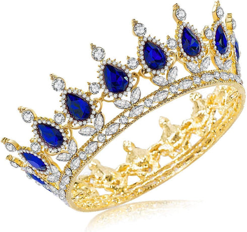 Rhinestone Cake Topper Crown - Fancy Party Cake Decoration for Princess and Prince (Gold-Blue)