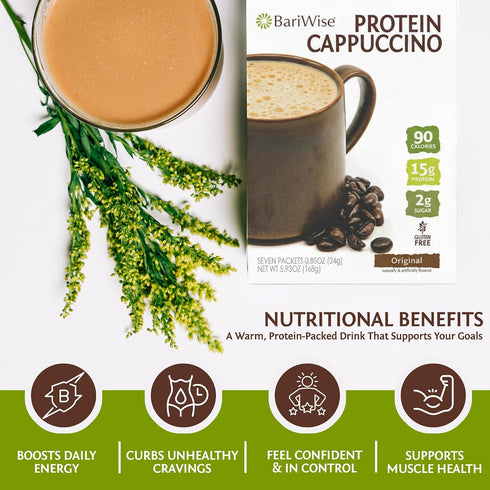 (7ct) BariWise Protein Hot Drink Cappuccino Mix, Original, Low Sugar, Gluten Free, Keto Friendly & Low Carb
