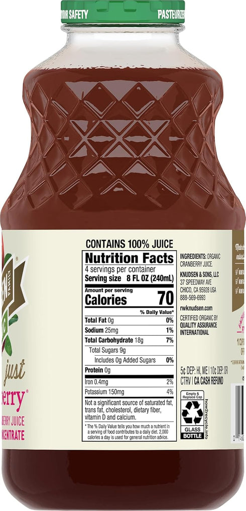 32 oz (Pack 6) R.W. Knudsen Organic Just Cranberry Juice, fl