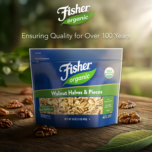 16 oz, Fisher Organic Walnut Halves & Pieces USDA Certified Organic Nuts, Unsalted California Grown, Non-GMO, No