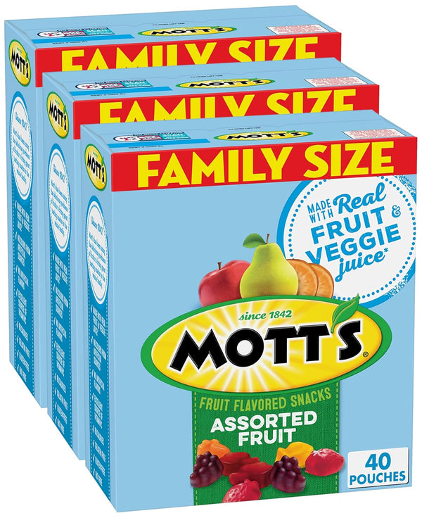 Mott's Fruit Flavored Snacks, Assorted Fruit, Pouches, 0.8 oz, 40 ct (Pack