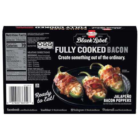 Pack 6.3oz HORMEL BLACK LABEL Thick Cut Bacon, Fully Cooked Bacon, Gluten-Free Snacks, Family