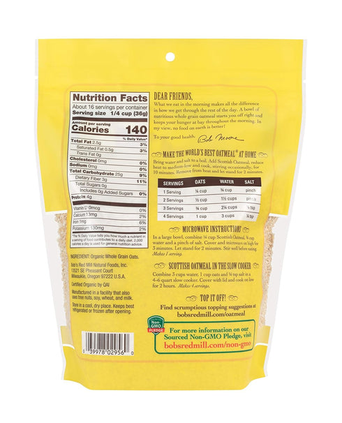 20oz (Pack 4) Bob's Red Mill Organic Scottish Oatmeal, of - Non GMO, Whole Grain, Vegan, Kosher