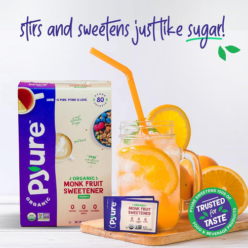 Packets 80 Count Pyure Organic Monk Fruit Sweetener | White Sugar Substitute for Baking, Coffee & Tea | Zero Carb, Zero