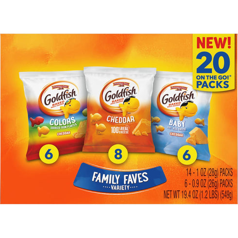 Packs,Variety Pack,(Pack 40) Goldfish Family Faves Crackers,Cheddar,Colors and Baby Crackers Snack