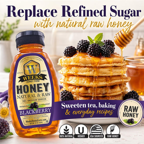 100% 16 oz Weeks Honey Farm Raw & Unfiltered Blackberry Honey, Organic, Kosher-Certified, Gluten-Free, All-Natural