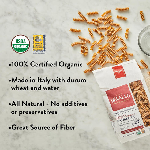 1 4 Pack, 100% DeLallo Whole Wheat Fusilli Pasta, Pound Bag, Organic, Whole Grain Spiral Noodles, Imported from Italy