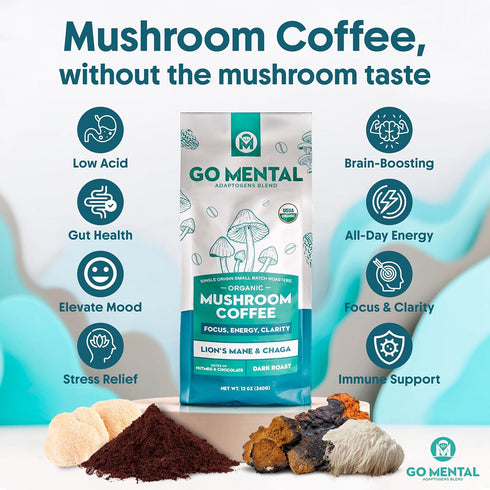 Immune Wellbeing 1 12oz Organic Lion's Mane & Chaga Mushroom Coffee Ground Dark Roast, Full Fruiting Bodies
