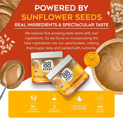 88 14 oz 2 Pack, 5g Acres Organic Sunflower Seed Butter, Vanilla Cinnamon, Jar, Butter Spread with Plant-Based Protein