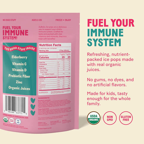 Immunity Immune 100% ZuBeZu Organic Ice Pops Natural Support for Childrens System with Elderberry, Vitamin C & D