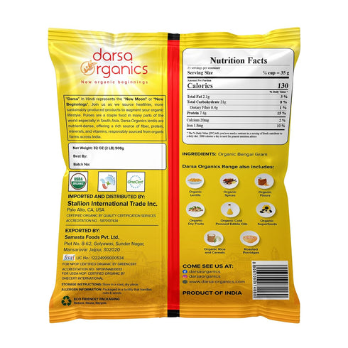 2 lb Darsa Organics Chana Dal USDA Organic Split Bengal Gram (Yellow Chickpeas), Non-GMO, Chemical-Free Yellow Lentils