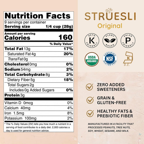 9 Oz Struesli Original Organic Granola, Grain & Gluten Free, Healthy Snacks with Chia Seeds, Nuts and Sea Salt