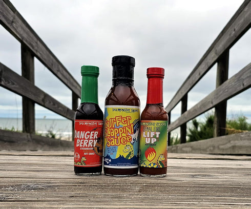 Sea Monster Sauces 1 1 1 Sampler - Bottle Surfer Slappin! Sauce - Bottle Danger Berry - Bottle Lift Up Hot Sauce