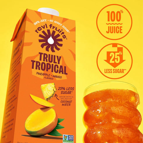 100% 32 oz. (Pack 6) Revl Fruits Juice, No Added Sugar, Pineapple Mango, Truly Tropical, fl Carton